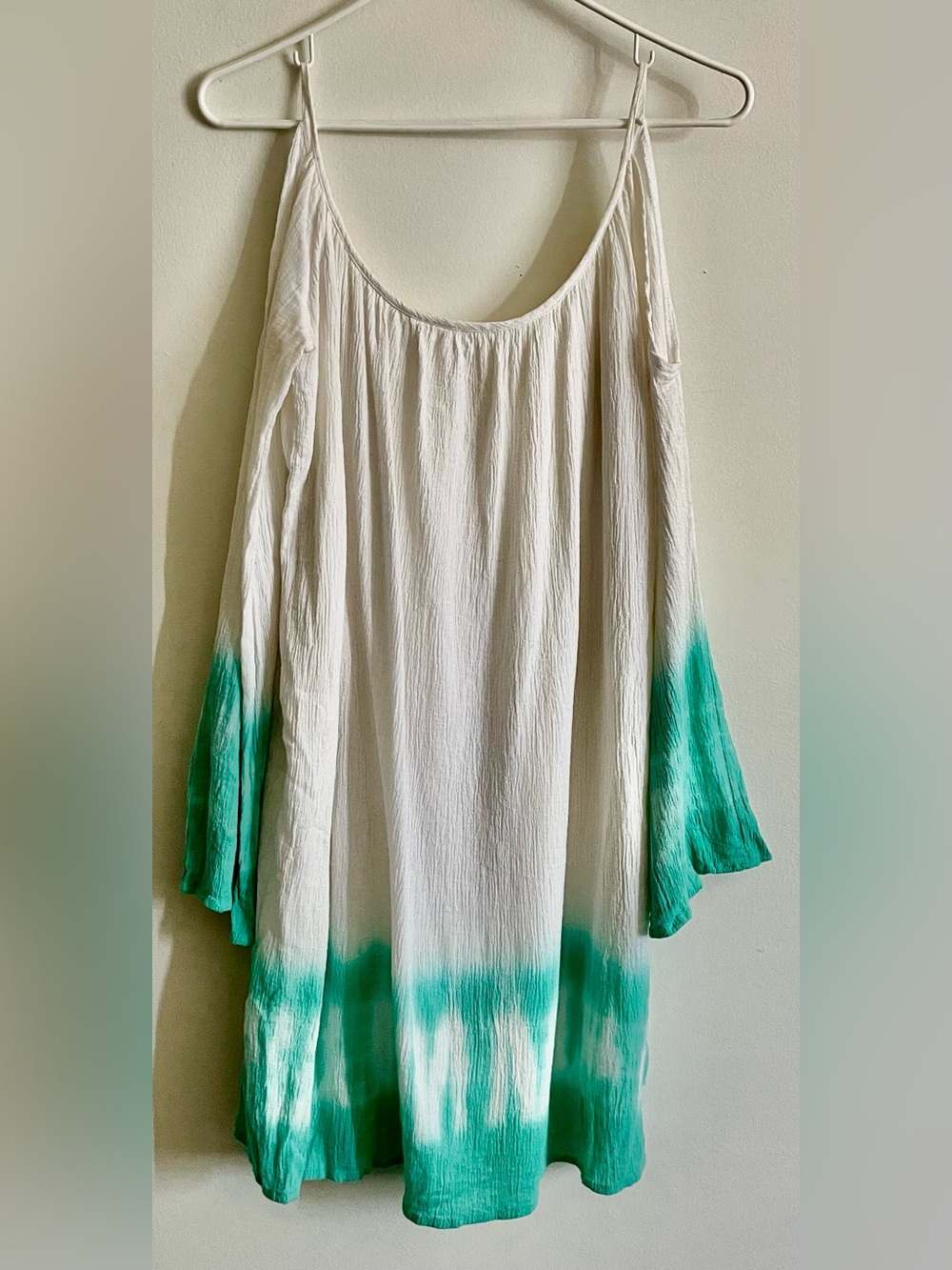 💎 Sage Cold Shoulder Mini Dress with Teal Dip-Dye Hem 💎